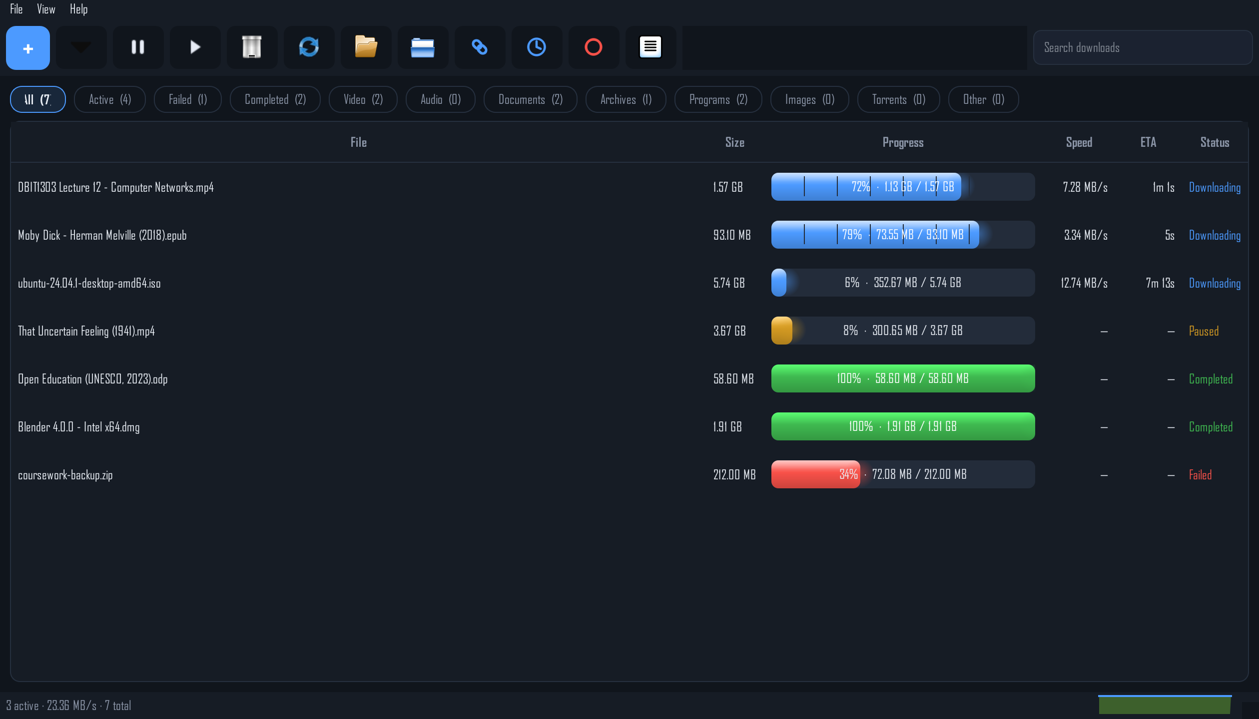 The Fetchly main window with several downloads in progress