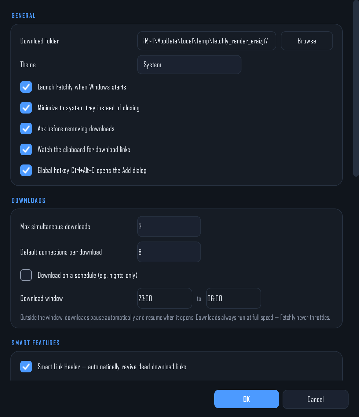 Fetchly settings: scheduling, clipboard watcher, Smart Link Healer